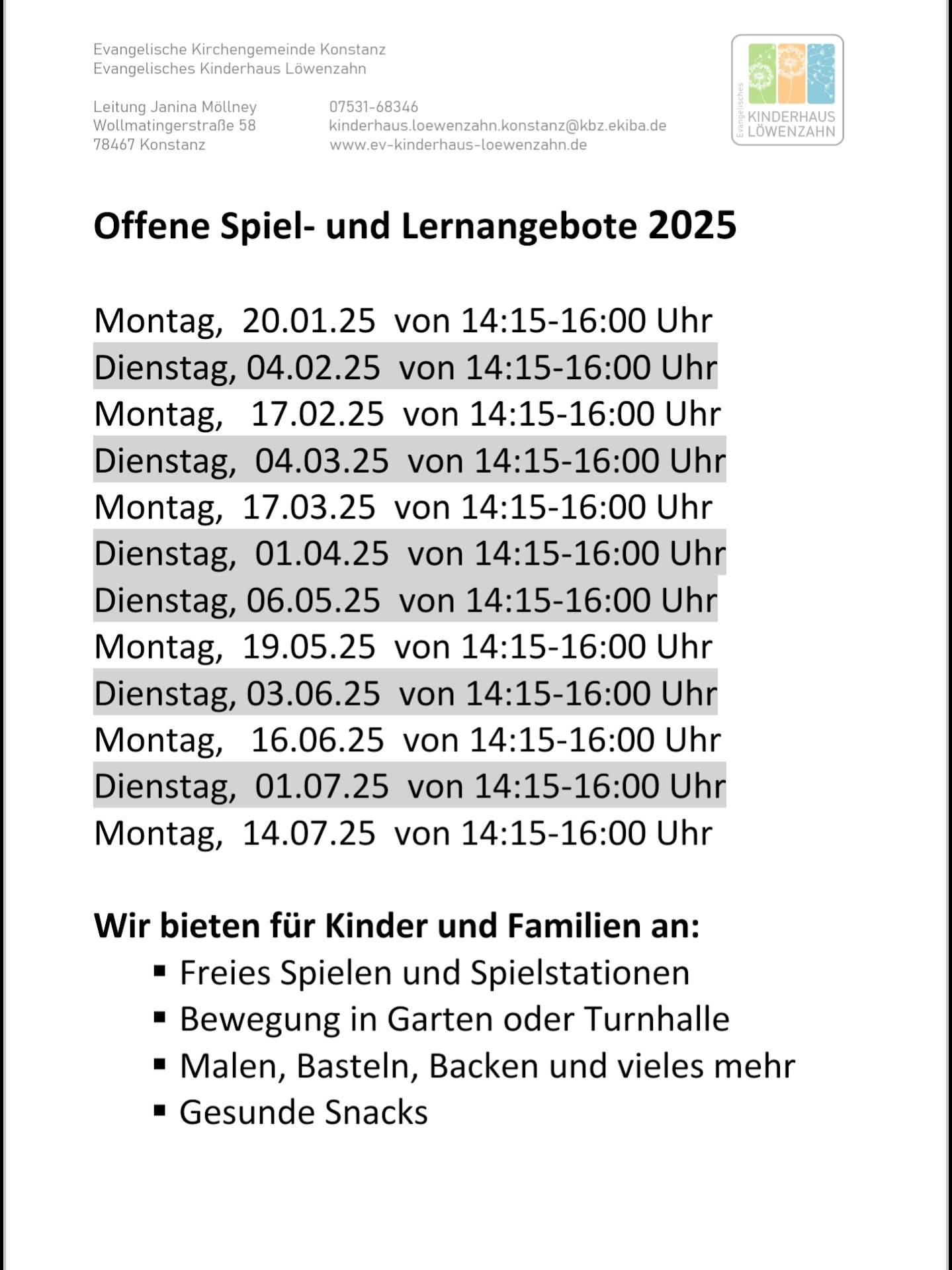 Offene Spiel-und Lernangebote 2025 Kinderhaus Löwenzahn